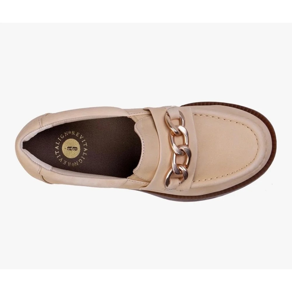 Revitalign Womens Laurel Loafer Almond Leather Gold Chain Lug Sole RV1110 9B